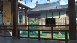 architecture blue_sky bush chinese_commentary cloud commentary_request day east_asian_architecture entrance fence grass no_humans original pillar plant reflective_floor rooftop scenery sky stone tree xingzhi_lv