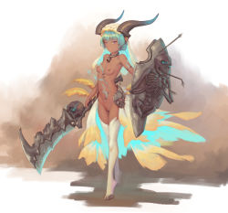 Rule 34 | aqua hair, bell, bigrbear, breasts, cleft of venus, dark-skinned female, dark skin, glowing, glowing scar, glowing shield, glowing sword, glowing weapon, holding, holding shield, holding sword, holding weapon, hooves, horns, looking at viewer, navel, neck bell, nipples, original, pointy ears, purple eyes, pussy, scar, shield, short hair, showgirl skirt, skeleton, small breasts, sword, thighhighs, uncensored, veil, weapon