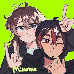 Rule 34 | 2girls, :t, \n/, ahoge, artist self-insert, black hair, black hoodie, black jacket, black mask, black nails, blush, brown hair, closed mouth, commentary, cosplay, crossed bangs, ear piercing, english commentary, genderswap, genderswap (mtf), green background, grey eyes, hand up, heart, heart ahoge, highres, hood, hoodie, jacket, kayano mikoto, kininatteru hito ga otoko ja nakatta, koga mitsuki, koga mitsuki (cosplay), long hair, mask, mask pull, milgram, mouth mask, multicolored hair, multiple girls, oc x canon, one eye closed, original, outline, piercing, ponytail, pose imitation, red eyes, red hair, ship name, short hair, short ponytail, smile, streaked hair, tae (tomi), tomi (moniitoring), upper body, white outline