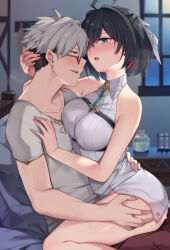1boy 1girl ahoge atelier_(series) atelier_yumia bed black_hair breast_press breasts clothed_sex commission eye_contact flask grabbing_another&#039;s_ass groping hair_ribbon hand_on_another&#039;s_back hand_on_another&#039;s_chest hand_on_another&#039;s_head happy_sex hetero highres implied_sex indoors looking_at_another medium_breasts messy_hair mole mole_under_eye multicolored_hair purple_eyes red-tinted_eyewear ribbon rutger_arendt shiny_skin shirt short_hair skeb_commission straddling sunglasses sweat table tinted_eyewear tsuki_tokage two-tone_hair upright_straddle variant_set white_hair white_ribbon white_shirt window yellow_eyes yumia_liessfeldt