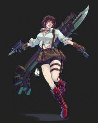 1girl absurdres bike_shorts black_hair boots brown_gloves capcom collared_shirt devil_may_cry devil_may_cry_(series) devil_may_cry_3 finger_on_trigger gloves green_eyes gun handgun heterochromia highres holding holding_gun holding_weapon jewelry kalina_ann_(weapon) knee_boots lady_(devil_may_cry) microskirt midriff necklace piccolourme pleated_skirt red_boots red_eyes rocket_launcher scar scar_on_face shirt short_hair shorts shorts_under_skirt signature skirt skorpion_vz._61 submachine_gun thigh_strap trigger_discipline weapon white_shirt