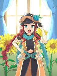 1girl blue_eyes blue_flower braid braided_ponytail flower hair_between_eyes hat hat_flower illuminata long_hair looking_at_viewer navel open_mouth pointy_ears rf4_happy25 rune_factory rune_factory_4 smile very_long_hair