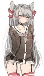 1girl amatsukaze_(kancolle) animal_ears arms_behind_back black_garter_straps black_panties brown_dress brown_eyes chigasaki_yukari commentary_request cowboy_shot dress garter_straps grey_hair hair_tubes highres kantai_collection lifebuoy_ornament panties panties_over_garter_belt red_thighhighs sailor_collar sailor_dress see-through_clothes see-through_dress short_dress side-tie_panties simple_background solo striped_clothes striped_thighhighs thighhighs two_side_up underwear white_background white_sailor_collar