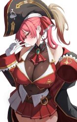 1girl absurdres arrow_through_heart ascot bare_shoulders bicorne black_jacket black_leotard blush breasts cleavage commentary covered_navel cowboy_shot dori_(choejeongmin7) gloves hair_ornament hat highres hololive houshou_marine houshou_marine_(1st_costume) jacket large_breasts leotard leotard_under_clothes long_sleeves looking_at_viewer off_shoulder open_clothes open_jacket pirate_hat red_ascot red_hair red_skirt red_vest see-through_cleavage see-through_clothes see-through_leotard simple_background skirt leotard solo thighs twintails two-tone_skirt v vest virtual_youtuber white_background white_gloves white_skirt