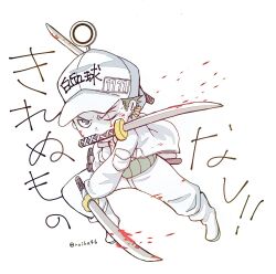 1boy blood bloody_weapon chibi commentary_request earrings full_body green_hair haramaki hat highres holding holding_sword holding_weapon jewelry male_focus one_eye_closed one_piece roronoa_zoro ruika46 scar scar_across_eye scar_on_face solo sword twitter_username weapon weapon_in_mouth
