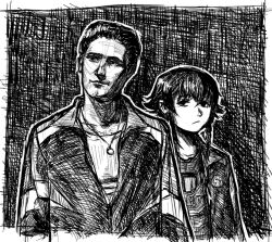 1boy 1girl black_hair black_jacket caricature christopher_moltisanti flag_print gangster girls_und_panzer greyscale italian_flag italian_flag_print jacket jersey jewelry limestone_(artist) looking_at_viewer mafia monochrome necklace pepperoni_(girls_und_panzer) the_sopranos track_suit