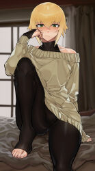 1boy absurdres bed black_bodysuit blazblue blonde_hair bodystocking bodysuit bulge curtains eyelashes feet galadysp green_eyes halterneck hand_on_own_cheek hand_on_own_face highres kisaragi_jin leg_up leggings looking_at_viewer male_focus off-shoulder_sweater off_shoulder sitting solo sparkle sweater thighs toes trap