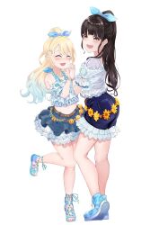 2girls 4th_live_dream_~bloom_the_dream_believers~ :d ^_^ animification bare_shoulders belt black_hair blonde_hair blue_sandals blue_shoes blue_skirt blunt_bangs blush brown_belt closed_eyes commentary_request denim denim_skirt detached_sleeves fang flower_stand_art frilled_shirt frilled_skirt frilled_sleeves frills frontrivers_kae full_body gradient_hair hair_bun half_updo highres kan_kanna leg_up link!_like!_love_live! long_hair love_live! midriff miniskirt multicolored_hair multiple_girls navel open_mouth osawa_rurino ponytail puffy_short_sleeves puffy_sleeves real_life sandals shirt shoes short_sleeves sidelocks single_hair_bun skin_fang skirt sleeveless sleeveless_shirt smile standing streaked_hair teeth toes upper_teeth_only virtual_youtuber voice_actor_connection white_shirt