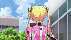1girl animated anime_screenshot bakuon!! bell black_ribbon blonde_hair blush bodysuit bouncing_breasts breasts brown_eyes hair_bell hair_ornament hair_ribbon large_breasts long_hair looking_back pink_bodysuit racing_suit ribbon sound suzunoki_rin tagme twintails video