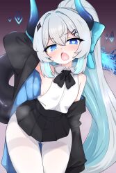 1girl absurdres black_jacket black_skirt blue_eyes blue_hair blue_horns collared_shirt cowboy_shot fang grey_hair hair_between_eyes heart heart-shaped_pupils highres horns jacket long_hair looking_at_viewer mismatched_pupils open_mouth original pantyhose pleated_skirt rladnr6 shirt skin_fang skirt sleeveless sleeveless_shirt solo symbol-shaped_pupils tail thigh_gap very_long_hair white_pantyhose white_shirt