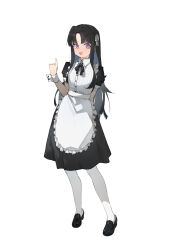 1girl absurdres apron arm_behind_back awa_subaru black_dress black_hair black_shoes commentary_request dress full_body girls_band_cry highres loafers long_hair looking_at_viewer maid open_mouth pantyhose pinky_out puffy_short_sleeves puffy_sleeves purple_eyes shoes short_sleeves simple_background smile solo standing white_background white_pantyhose wristband wuyin4