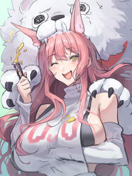 1girl :d animal animal_ear_fluff animal_ears arm_under_breasts bare_shoulders black_sports_bra blush breasts chewing detached_sleeves goddess_of_victory:_nikke hair_intakes highres holding large_breasts leona_(nikke) lion long_hair looking_at_viewer one_eye_closed open_mouth pink_hair shirt sideboob sideless_shirt sidelocks smile snot sports_bra tail takeclaire timi_(nikke) turtleneck turtleneck_shirt white_shirt yellow_eyes
