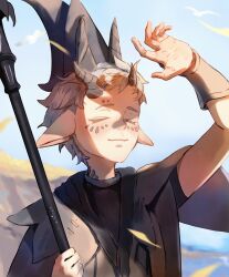 Rule 34 | 1boy, afk (series), afk journey, arm up, black hat, black horns, black robe, blue sky, blush, closed eyes, closed mouth, cloud, commentary, day, english commentary, feli (afk), grey hair, hat, holding, holding staff, horns, male focus, multiple horns, outdoors, pointy ears, robe, short hair, sky, smile, solo, staff, upper body, vambraces, wizard hat, yepnean
