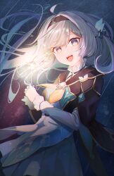 1girl :d absurdres ahoge black_hairband black_jacket black_ribbon blue_eyes blue_pupils blush bow collared_shirt commentary cowboy_shot cropped_jacket firefly_(honkai:_star_rail) fireworks floating_hair from_side green_skirt grey_hair hair_bow hair_intakes hair_ribbon hairband highres holding holding_fireworks honkai:_star_rail honkai_(series) jacket jaihu long_hair long_sleeves looking_at_viewer miniskirt multicolored_eyes neckerchief night one_side_up open_mouth orange_eyes orange_neckerchief outdoors own_hands_together pleated_skirt ribbon shirt shooting_star sidelocks skirt sky smile solo sparkler star_(sky) starry_sky teeth two-tone_eyes upper_teeth_only white_bow white_shirt