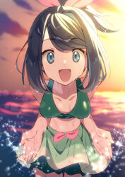 Rule 34 | 1girl, absurdres, bikini, black hair, blue hair, breasts, cowlick, eyelashes, green bikini, hair ornament, hair ribbon, highres, liko (pokemon), looking at viewer, nintendo, ocean, open mouth, outdoors, plus ta, pokemon, pokemon (anime), pokemon horizons, ribbon, smile, sunset, swimsuit, water, wet