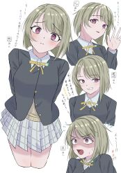 1girl :i arms_behind_back asymmetrical_hair black_jacket blush bob_cut breasts brown_hair buttons collared_shirt commentary_request cropped_legs cropped_torso dress_shirt grin highres inverted_bob jacket keitaro_tension long_sleeves looking_at_viewer love_live! love_live!_nijigasaki_high_school_idol_club medium_breasts miniskirt multiple_views nakasu_kasumi neck_ribbon nijigasaki_school_uniform open_hand partially_unbuttoned pink_eyes plaid_clothes plaid_skirt pleated_skirt pout ribbon school_uniform shirt short_hair simple_background skirt smile sweat sweater translation_request turn_pale waving white_background white_shirt white_skirt winter_uniform yellow_ribbon yellow_sweater