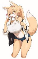 1girl animal_ears blush breasts crop_top cropped_legs denim denim_shorts fox_ears fox_girl fox_tail furry furry_female highres huge_breasts jacket jeifier_(character) jeifier_(korfiorano01) leaning_forward looking_at_viewer midriff open_clothes open_jacket original shirt short_shorts shorts simple_background solo tail white_shirt yellow_eyes yellow_fur yellow_tail