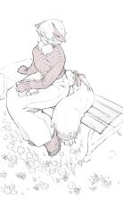 1girl animal_ears animal_legs bench book closed_eyes from_above full_body glasses grass greyscale highres holding holding_book hooves kgm lace_trim low_twintails monochrome monster_girl on_bench original outdoors ribbon semi-rimless_eyewear sheep_ears sheep_girl sheep_tail short_hair short_twintails sitting solo spot_color sweater tail tail_cover tail_ornament tail_ribbon twintails under-rim_eyewear