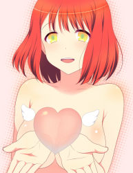 10s 1girl breasts censored cleavage convenient_censoring female_focus heart kyoku_tou large_breasts looking_at_viewer nanami_haruka open_mouth red_hair short_hair solo topless_female uta_no_prince-sama wings yellow_eyes