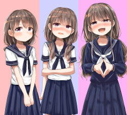1girl absurdres age_progression black_serafuku blush brown_hair commentary_request dress eighth_note fortissimo hair_ornament highres hiyoko_setto long_hair low_twintails medium_skirt musical_note musical_note_hair_ornament open_mouth original pleated_skirt purple_eyes sailor_dress school_uniform serafuku skirt smile twintails