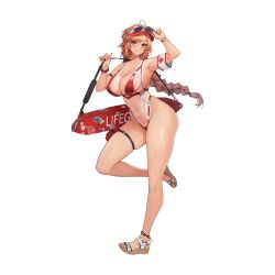 Rule 34 | 1girl, ahoge, ankle strap, areola slip, arm strap, armband, armpits, bag, benevolent leanne, bikini, bracelet, braid, breasts, cameltoe, cleavage, closed mouth, collarbone, covered erect nipples, cross, earrings, english text, eyewear on headwear, feet, full body, green eyes, groin, hat, heart, highleg, highleg swimsuit, highres, holding, holding bag, hoop earrings, jewelry, large breasts, last origin, legs, lifeguard, linea alba, long hair, looking at viewer, micro bikini, multiple bracelets, nail polish, navel, no entry sign, o-ring, o-ring swimsuit, official alternate costume, official art, one-piece tan, orange hair, pink nails, pouch, red armband, red bikini, red hat, road sign, sandals, shoulder bag, sideboob, sign, simple background, single braid, skindentation, skull, sling bikini top, smile, smiley face, solo, standing, standing on one leg, star (symbol), sticker, stop sign, sunglasses, sweat, swimsuit, tachi-e, tan, tan tattoo, tanline, thigh pouch, third-party source, thong, toenails, toes, transparent background, tunamayo (dsasd751), visor cap, whistle, whistle around neck, white armband, white hat, white sandals