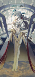 Rule 34 | 1girl, absurdres, blue eyes, bow, braid, character name, fate/grand order, fate (series), full body, grey hair, hair between eyes, hair bow, highres, kamome umitsuki, long hair, looking at viewer, morgan le fay (fate), morgan le fay (water princess) (fate), ponytail, smile, solo, standing, stomach tattoo, swimsuit, tattoo, very long hair