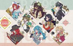 1boy 6+girls :d ahoge aleph_(reverse:1999) arm_tattoo barcarola_(reverse:1999) beret black_cape black_dress black_gloves black_hat black_vest blue_eyes blue_hair blue_neckerchief blue_shirt bow_(music) braid braided_bangs brown_coat brown_dress brown_hair cape cellphone chin_strap cloak coat coat_on_shoulders copyright_name covered_face cracked_mask creature dark-skinned_female dark_skin dixie_cup_hat dress fatutu flower from_side gloves green_cape green_eyes green_hat grey_dress grin hacksaw hair_flower hair_ornament hand_up hands_up hat hat_feather hibiscus hissabeth holding holding_bow_(music) holding_notebook holding_phone holding_quill holding_saw index_finger_raised instrument jacket kiperina leaf_hair_ornament liang_yue_(reverse:1999) long_braid low_ponytail low_twintails merlin_(reverse:1999) military_hat multiple_girls neckerchief newsboy_cap noire_(reverse:1999) notebook open_clothes open_mouth open_vest phone ponytail profile qiangliang_(reverse:1999) quill recoleta_(reverse:1999) red_cloak red_gloves red_hair red_shirt reverse:1999 sailor_collar saw shell shirt short_hair side_cape skirt sleeveless sleeveless_shirt smile snake snake_on_head tattoo twintails upper_body vest wheelchair white_cape white_flower white_gloves white_hat white_jacket white_shirt white_skirt white_vest yellow_eyes yurax-mae