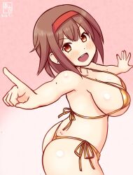 Rule 34 | 1girl, alternate costume, artist logo, ass, bikini, blush, breasts, brown eyes, brown hair, cowboy shot, dated, gold bikini, gradient background, hairband, kanon (kurogane knights), kantai collection, large breasts, logo, looking at viewer, one-hour drawing challenge, open mouth, pink background, red hairband, shiratsuyu (kancolle), short hair, smile, solo, sweat, swimsuit, thong bikini