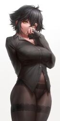1girl arm_behind_back black_bodystocking black_hair black_panties black_shirt black_thighhighs breasts collarbone collared_shirt covering_own_mouth cowboy_shot crossed_bangs eyeliner hair_between_eyes hand_over_own_mouth hand_up large_breasts looking_at_viewer makeup midriff_peek navel numanoan original panties partially_unbuttoned shirt short_hair sidelocks simple_background sleeves_past_wrists solo thighhighs underwear white_background