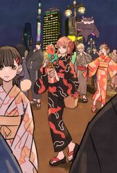 3boys 4girls bat_devil_(chainsaw_man) black_hair blonde_hair blunt_bangs chainsaw_man closed_mouth commentary_request denji_(chainsaw_man) eyepatch full_body green_hair hair_bun hayakawa_aki higashiyama_kobeni high_ponytail highres himeno_(chainsaw_man) holding horns japanese_clothes kimono lamppost looking_at_viewer makima_(chainsaw_man) mole multiple_boys multiple_girls night night_sky obi pink_hair pochita_(chainsaw_man) ponytail power_(chainsaw_man) red_horns sash sidelocks sky smile takeuchi_ryousuke tomato_devil_(chainsaw_man) wide_sleeves yoshida_hirofumi