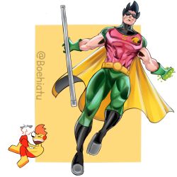2boys artist_name boehiatu cape dc_comics dick_grayson eye_mask highres holding holding_staff kid_flash male_focus multiple_boys robin_(dc) signature smile staff superhero_costume teen_titans twitter_username wally_west