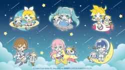 &gt;_&lt; 2boys 4girls :d ;o aqua_eyes aqua_hair astronaut black_gloves blonde_hair blue_eyes blue_hair brown_eyes brown_hair closed_mouth cloud commentary_request copyright_notice crescent_moon dress full_body gloves hair_ornament hatsune_miku highres holding holding_telescope kagamine_len kagamine_rin kaito_(vocaloid) logo long_hair medium_hair megurine_luka meiko_(vocaloid) moon multiple_boys multiple_girls official_art one_eye_closed open_mouth pink_hair rocket satellite saturn_(planet) shooting_star shooting_star_hair_ornament sitting smile standing star_(symbol) star_hair_ornament telescope twintails ufo very_long_hair vocaloid white_dress white_gloves