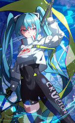 1girl absurdres aqua_eyes aqua_hair black_bodysuit blue_background bodysuit breasts clothes_writing covered_navel cowboy_shot cropped_jacket gloves goodsmile_racing hair_ornament hand_up hatsune_miku high_collar highres holding jacket long_hair long_sleeves looking_at_viewer parted_lips racing_miku racing_miku_(2022) small_breasts solo standing tiandingfengren twintails very_long_hair vocaloid white_jacket