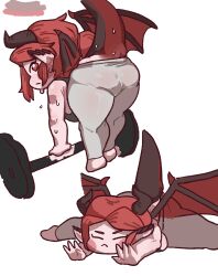 100eastight 1girl absurdres ass blush breasts chibi dragon_tail highres horns huge_ass large_breasts monster_girl pants rude_(trickcal) sweat tail trickcal yoga yoga_pants