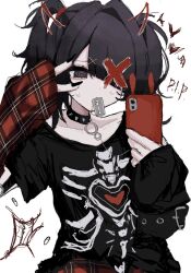 Rule 34 | 1girl, @ @, ame-chan (emo) (needy girl overdose), ame-chan (needy girl overdose), arm warmers, belt, black choker, black hair, black nails, black shirt, blood, blood from mouth, choker, drawn horns, drawn wings, hair ornament, hair over one eye, hair tie, heart, highres, holding, holding phone, long sleeves, looking at object, needy girl overdose, phone, pill, plaid clothes, plaid skirt, razor blade, red x, shirt, short twintails, skeleton print, skirt, solo, sweatdrop, twintails, upper body, uxvqx, v, weapon in mouth, white background, x hair ornament