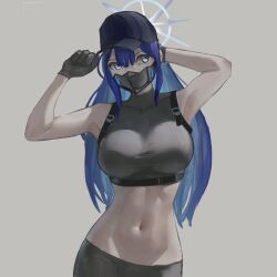 1girl arm_behind_head armpits arms_up baseball_cap blue_archive blue_eyes blue_hair breasts gloves hat large_breasts legs long_hair midriff navel pants saori_(blue_archive) solo thighs toned