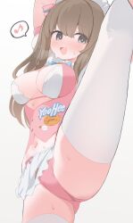 1girl :d apron breasts brown_hair character_name cleavage commentary girls&#039;_frontline girls&#039;_frontline_2:_exilium gradient_background grey_background grey_eyes highres hone_kawa k2_(girls&#039;_frontline) leg_up long_hair maid_headdress medium_breasts musical_note open_mouth panties pink_panties smile solo split spoken_musical_note standing standing_on_one_leg standing_split sweat thighhighs thighs underwear white_apron white_thighhighs yellow_pupils yoohee_(girls&#039;_frontline_2) yoohee_(miracle_sweetheart)_(girls&#039;_frontline_2)