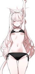 1girl akira_(blue_archive) animal_ear_fluff animal_ears bikini black_bikini black_choker blue_archive breasts cat_ears cat_girl cat_tail choker closed_mouth cowboy_shot danbal halo highres long_hair looking_at_viewer navel one_eye_closed pink_hair pink_halo red_eyes simple_background small_breasts solo stomach stretching swimsuit tail thigh_gap white_background