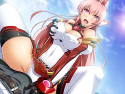 Rule 34 | 1boy, 1girl, :d, bare shoulders, belt, black gloves, blue sky, blush, breasts, brown belt, buckle, bulge, cleavage, cloud, covered erect nipples, covered navel, day, detached sleeves, dutch angle, elbow gloves, erection, erection under clothes, exs-tia chevalier, game cg, girl on top, gloves, grabbing another&#039;s breast, grabbing own breast, grinding, groping, halterneck, hassen (8cm), headgear, hetero, humping, kouyoku senki exs-tia, large breasts, large variant set, lens flare, leotard, long hair, looking at viewer, non-web source, official art, open mouth, outdoors, panties, pants, pink eyes, pink hair, pleated skirt, ponytail, pov, purple eyes, red skirt, rieszverne suzette paladill, shiny skin, sitting, sitting on person, skin tight, skirt, sky, smile, solo focus, spread legs, straddling, sun, sunlight, sweat, thighhighs, thighs, underwear, variant set, very long hair, white leotard, white panties, white thighhighs