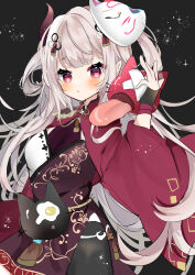 black_background blush breasts eyebrows_hidden_by_hair eyelashes fingerless_gloves floating_hair fox_mask gloves hair_between_eyes hair_ornament highres horns kitsune long_hair long_sleeves looking_at_viewer mask medium_breasts multicolored_eyes naraka_(1st_costume)_(nijisanji) naraka_(nijisanji) nijisanji open_mouth pale_skin pantyhose pink_eyes pointy_ears purple_horns solo sparkle_background twintails upper_body very_long_hair virtual_youtuber white_hair yuzukiyuno_(yunmu_g)