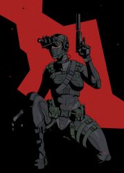 Rule 34 | 1girl, ammunition belt, ammunition pouch, balaclava, black bodysuit, black boots, black op (half-life), bodysuit, boots, commentary, english commentary, glock, gloves, gun, half-life, half-life (series), half-life 1, handgun, hat legs, highres, holding, holding gun, holding weapon, mask, night vision device, on one knee, pouch, solo, suppressor, trigger discipline, weapon