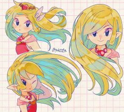 Rule 34 | 1girl, adversarial noise, blonde hair, blush, closed mouth, collarbone, dress, elbow gloves, floating hair, gem, gloves, highres, jewelry, long dress, long hair, looking at viewer, necklace, nintendo, one eye closed, pink dress, pink gemstone, pointy ears, princess zelda, purple eyes, smile, the legend of zelda, the legend of zelda: spirit tracks, the legend of zelda: the wind waker, tiara, tokuura, toon zelda, white gloves