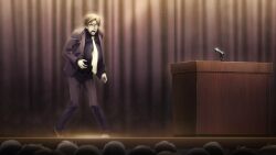beard_stubble big_belly black_jacket black_pants black_shirt bloated brown_hair brown_shoes chaos;child curtains drooling facial_hair formal_clothes game_cg highres imminent_wardrobe_malfunction inflation jacket lapels microphone mouth_drool necktie non-web_source notched_lapels official_art open_clothes open_jacket pain pants podium popped_button sasaki_mutsumi shirt shoes short_hair standing striped_clothes striped_shirt stubble suit teeth tongue vertical-striped_clothes vertical-striped_shirt very_short_hair watabe_tomoaki wide-eyed yellow_necktie