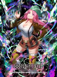 1girl anti-eyebrow_piercing boots brown_jacket commentary_request copyright_name dai-xt face_piercing floating_hair fur_jacket hand_on_own_hip hat highres jacket jewelry_bonney long_hair official_art one_piece one_piece_card_game piercing pink_hair purple_eyes shirt shorts smile solo suspenders thighhighs white_shirt