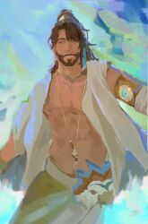 1boy abs animal animal_on_shoulder bara beard biceps bird brown_hair commentary dark-skinned_male dark_skin dated english_commentary facial_hair feather_hair_ornament feathers grin hair_ornament highres indian jewelry looking_at_viewer male_focus mask mechanical_arms navel necklace nipples pants pectorals reverse:1999 shamane shin_0z shirt signature single_mechanical_arm smile topless_male white_pants white_shirt