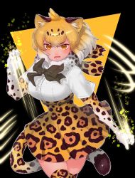 1girl animal_ear_fluff animal_ears animal_print black_bow black_bowtie blonde_hair bow bowtie brown_hair cowboy_shot elbow_gloves extra_ears female_focus fighting_stance floating_hair gloves gradient_hair hand_up high-waist_skirt jaguar_(kemono_friends) jaguar_ears leopard_print jaguar_tail kemono_friends looking_at_viewer medium_hair miniskirt motion_lines multicolored_hair notora open_mouth orange_eyes outstretched_arm print_bow print_bowtie print_gloves print_neckwear print_skirt print_thighhighs scarf serious shirt short_sleeves skindentation skirt solo tail thighhighs walking white_hair white_shirt zettai_ryouiki