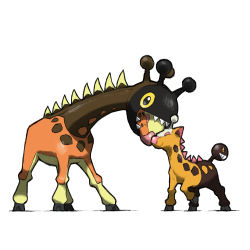 black_horns blacknirrow brown_horns closed_eyes closed_mouth commentary english_commentary farigiraf gen_2_pokemon girafarig hooves horns multiple_horns nintendo no_humans nuzzle pokemon pokemon_(creature) simple_background smile white_background white_horns