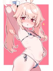 1girl absurdres ahoge alternate_costume animal_print armpits asymmetrical_hair bikini blue_archive blush border breasts commentary cow_print cow_print_bikini cowboy_shot halo highres lk149 loli long_hair looking_at_viewer micro_bikini natsu_(blue_archive) open_mouth outline outside_border pink_background pink_hair pink_halo presenting_armpit print_bikini red_eyes side-tie_bikini_bottom side_ponytail small_breasts solo sparkle string_bikini swimsuit white_border white_outline