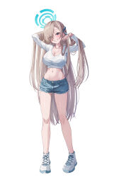 1girl absurdres adjusting_hair alternate_costume asuna_(blue_archive) blue_archive blue_eyes blue_halo blue_ribbon blue_shorts blush breasts brown_hair cleavage commentary crop_top cutoffs eyes_visible_through_hair full_body grin hair_lift hair_over_one_eye hair_ribbon halo hand_in_own_hair hands_in_hair hands_up highres large_breasts long_hair looking_at_viewer navel ribbon ryon_y0421 shoes short_shorts shorts simple_background smile solo standing stomach very_long_hair white_background white_shoes