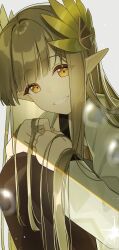 Rule 34 | 1girl, absurdres, arknights, commentary, elf, green hair, highres, long hair, long sleeves, looking at viewer, muelsyse (arknights), nishimiya aki, parted lips, pointy ears, solo, teeth, yellow eyes